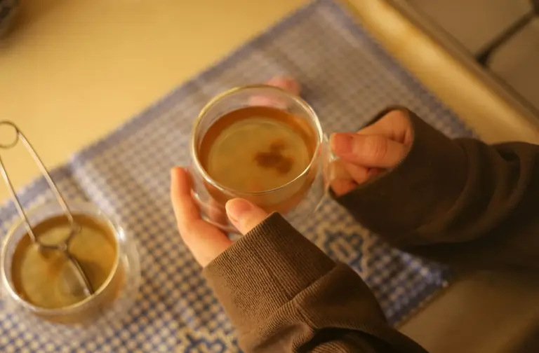 Close-up of hands holding a cup of herbal tea on a cozy table setting. Perfect for lifestyle imagery.