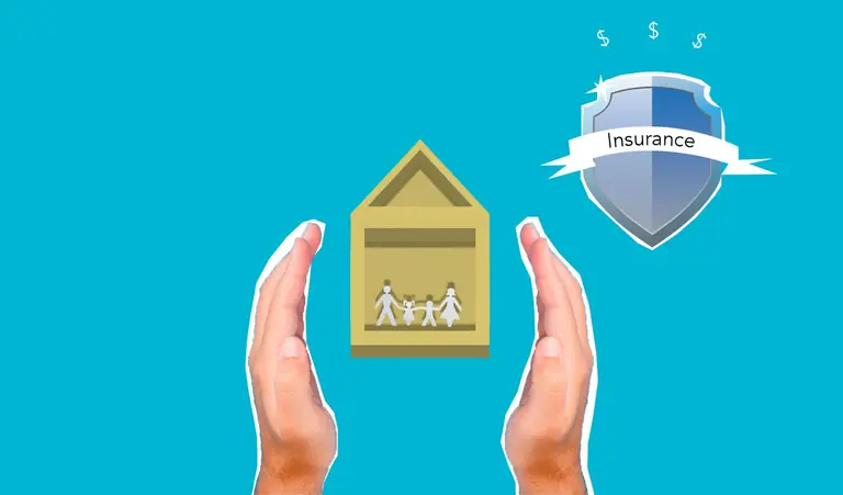 Decorative cardboard illustration of person hands protecting house with human figures near shield with Insurance inscription on blue background